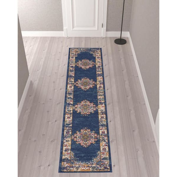 2 X 10 Blue Oriental Washable Area Rug Runner Rug