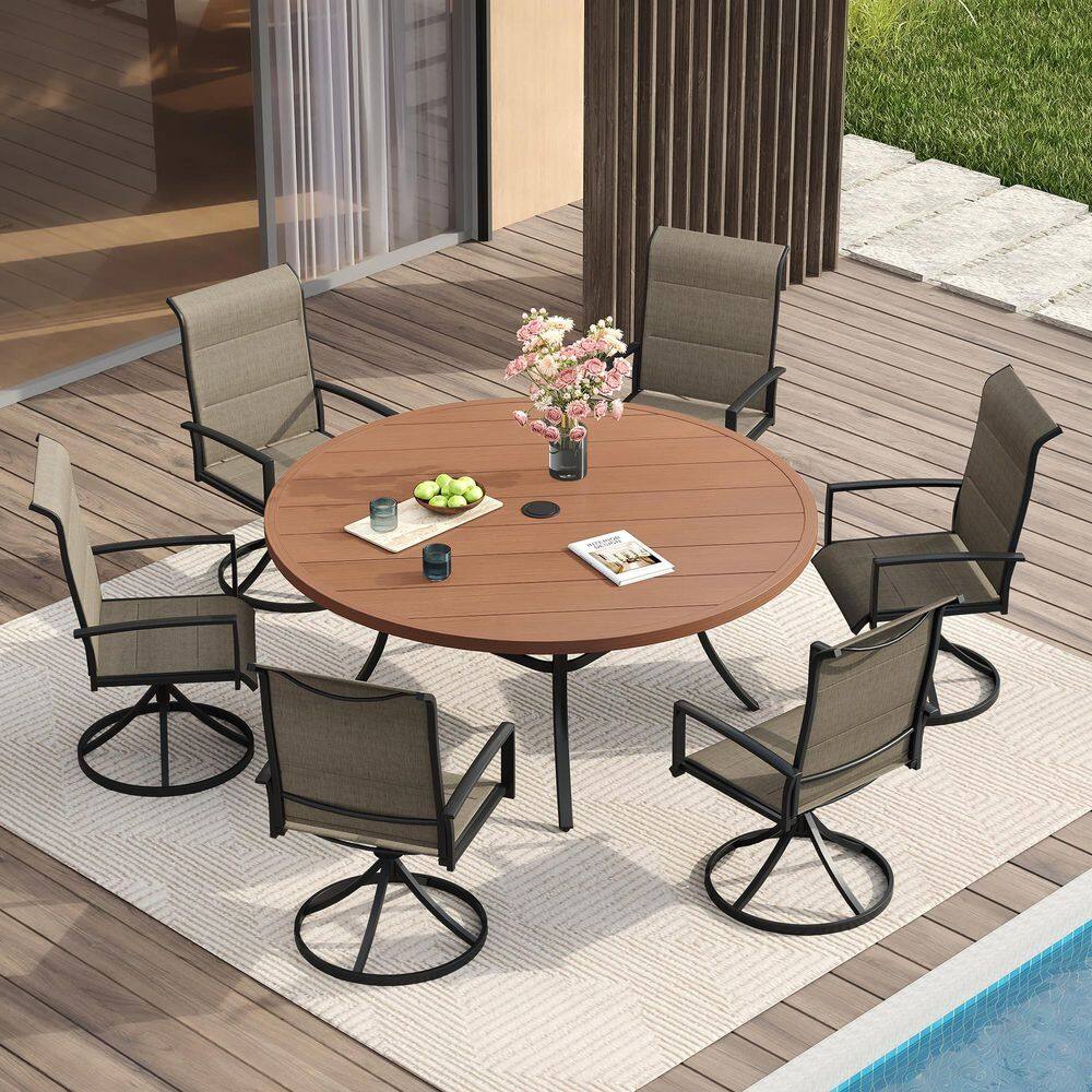 7-Piece Metal Outdoor Dining Set with 53 in. Walnut Round Table and 6 Brown Swivel Dining Chairs for 6 Person price history on PriceWatchPro