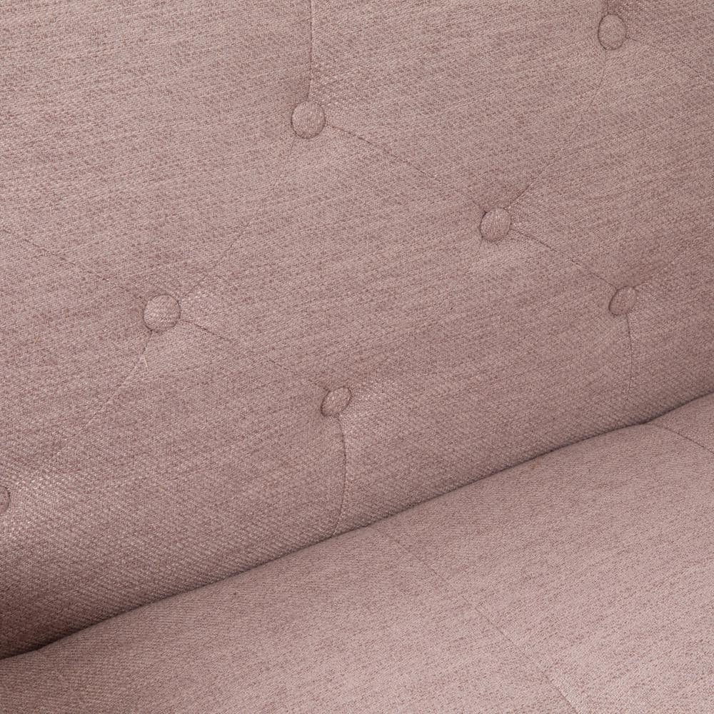 Light Blush Tufted Fabric Sofa with Walnut Wood Frame