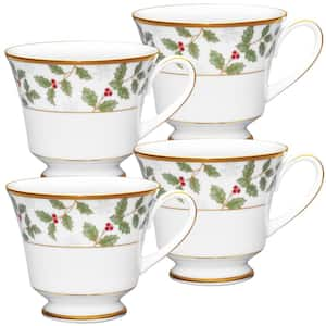 Holly and Berry Gold 8 fl. oz. (White) Porcelain Tea Cups, (Set of 4)