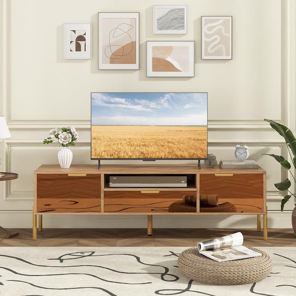58 in. W Natural TV Stand Modern Cabinet Fits TV's up to 65 in. with Spacious Tabletop and 2-Storage Cabinets