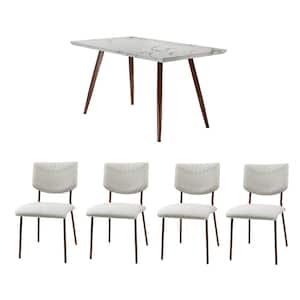 Ergani 5 Pcs Dining Set with Rectangle Marbling Table and Beige Chairs