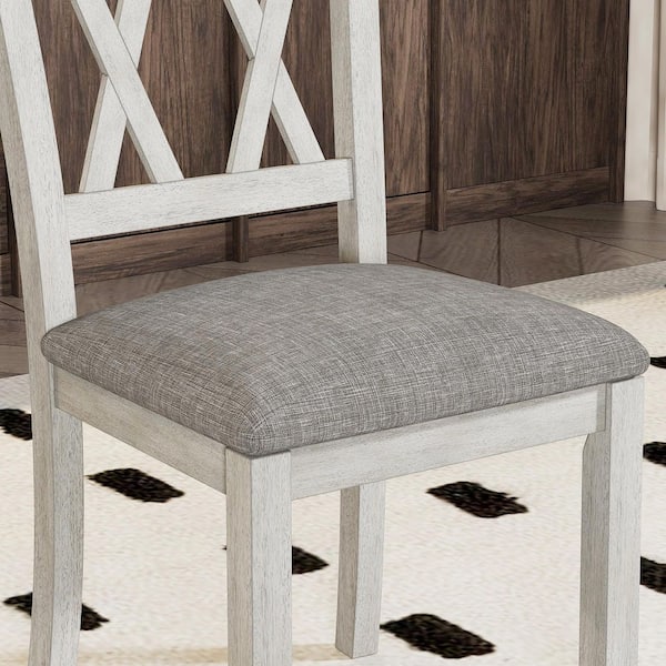 Farmhouse X-Back Dining Chairs, Set of 4 Wood with Gray Fabric Seat Rubberwood Kitchen and Dining Room Chairs