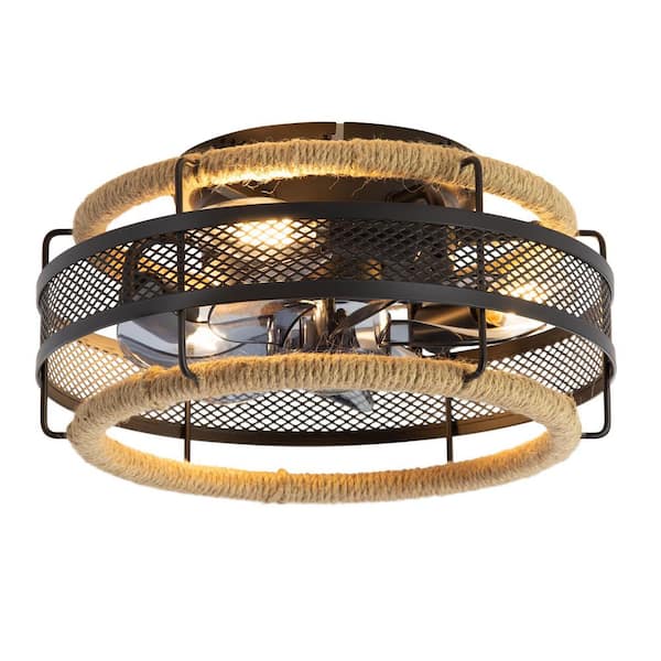 Breezary Sampson 12.5 in. Indoor 3-Light Black Low Profile Unique Ceiling Fan with Twine and Metal Light Kit and Remote Included