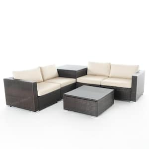 Brown 6-Piece Faux Rattan Patio Sectional Seating Set with Beige Cushions