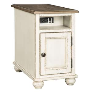 14 in. Brown and White Rectangle Wood End Table with Door