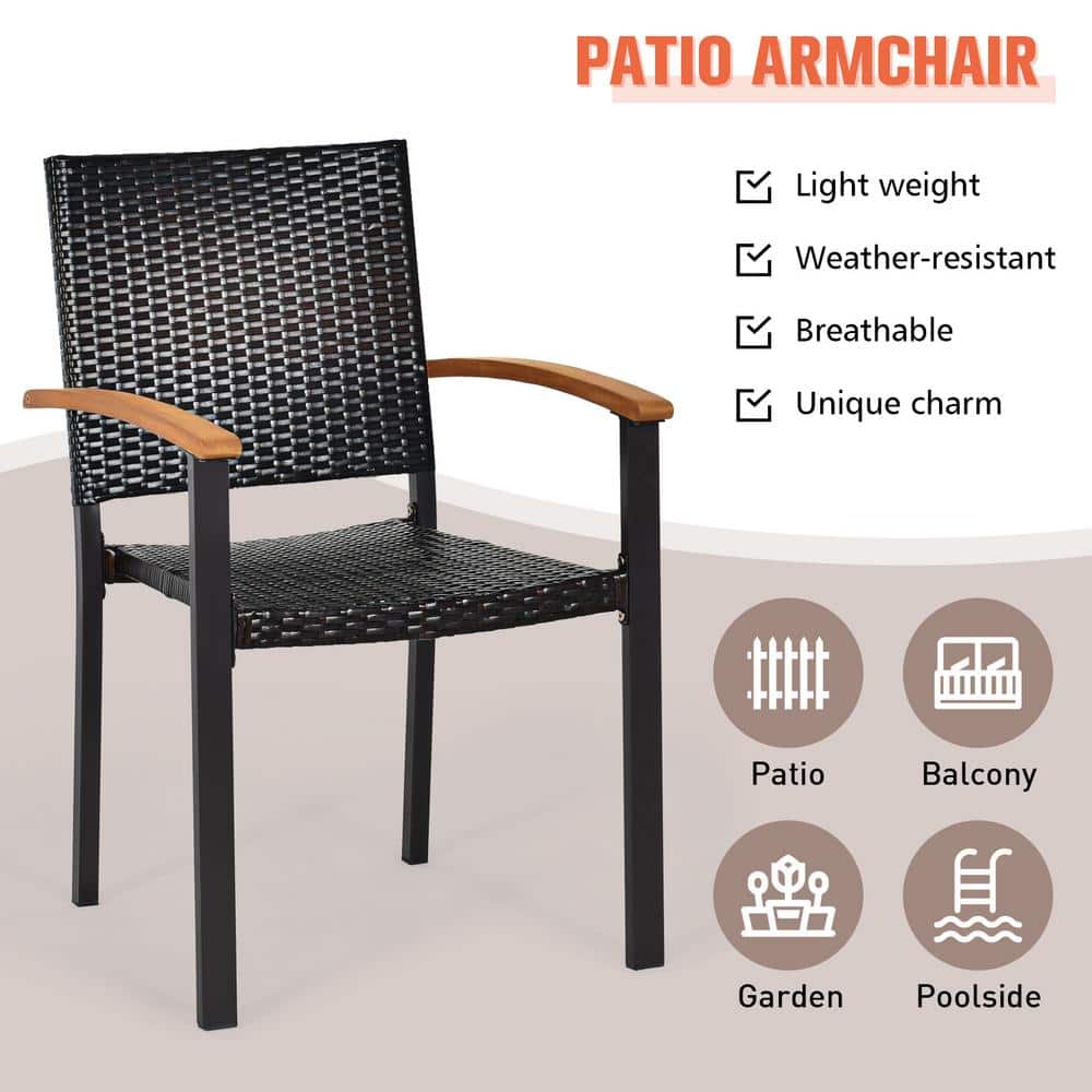 Rustic Wicker Dining Armchair with Cushions and Acacia Wood Armrests