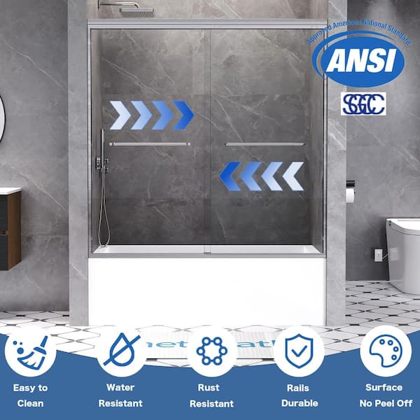 56 to 60 in. W x 60 in. H Semi Frameless Double Sliding Tub Door in Brushed Nickel with 1/4 in. Tempered Clear Glass