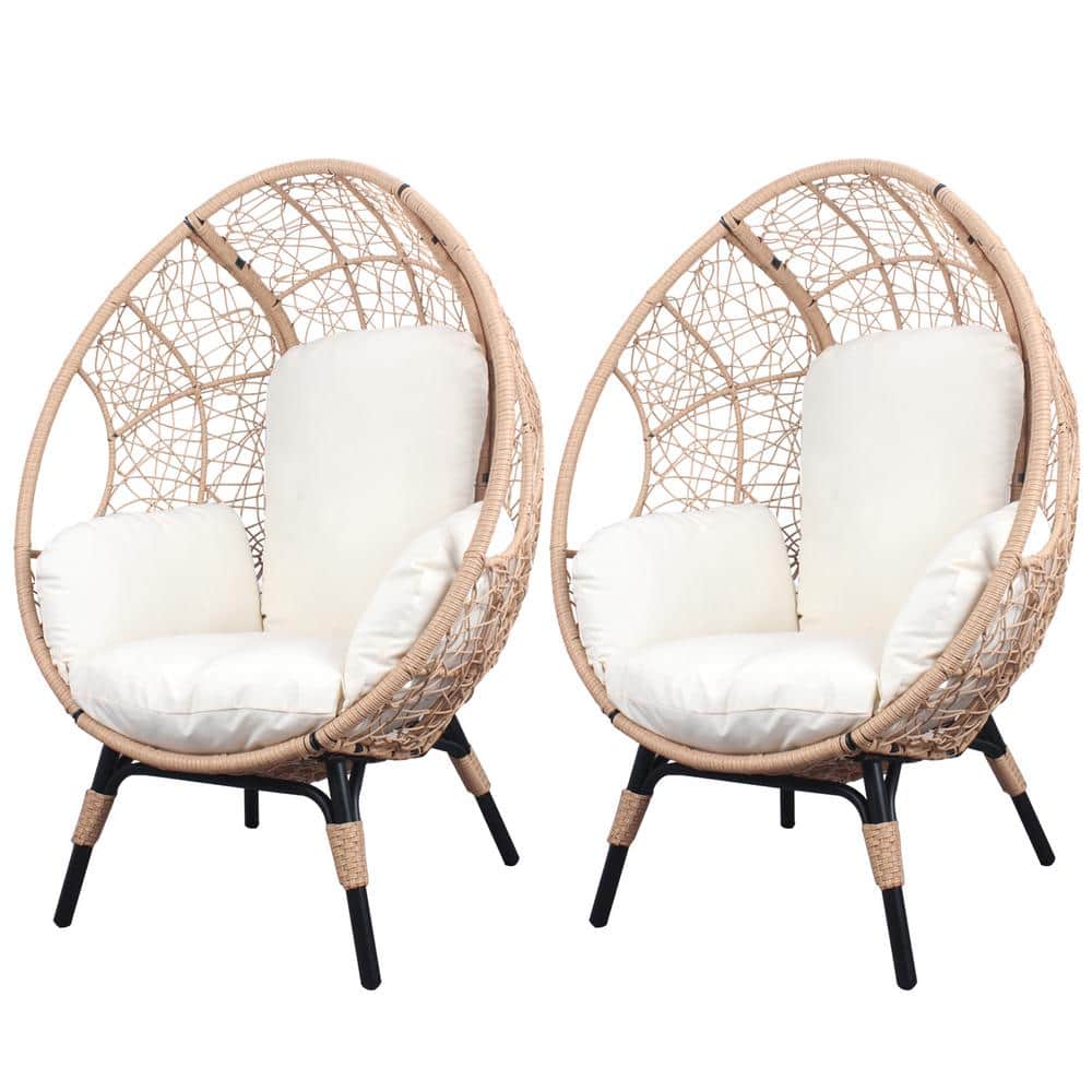 Natural 2-Piece Wicker Outdoor Lounge Chair, Patio PE Rattan Egg Chair with