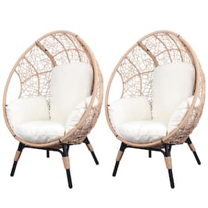 Natural 2-Piece Wicker Outdoor Lounge Chair, Patio PE Rattan Egg Chair with White Cushions for Garden, Lawn, Backyard