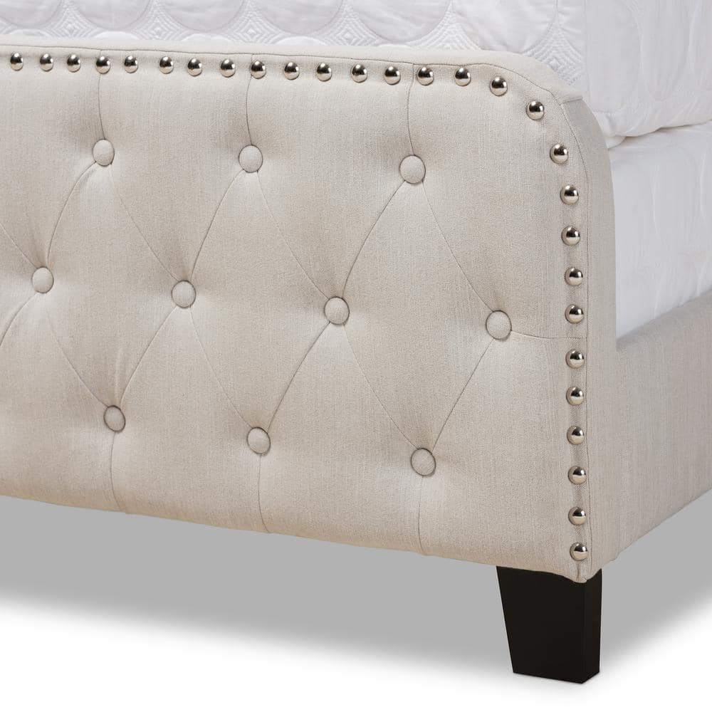 Beige Queen Upholstered Tufted Bed with Nailhead Trim