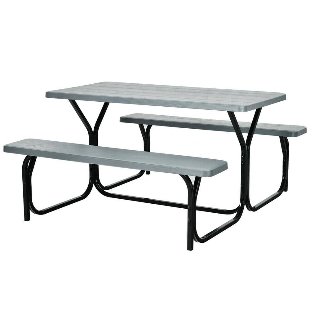 ANGELES HOME Gray Rectangular Plastic Outdoor Picnic Table with 2 Bench ...