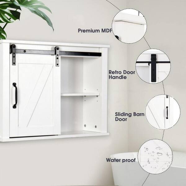 Bathroom Wall Mounted Storage Cabinet, Modern Hanging Storage Cupboard with  Slide Barn Door and 4 Storage Compartments, Home Space Saving Storage