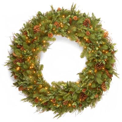 48 in. Decorative Collection Juniper Mix Pine Artificial Wreath with LED Lights