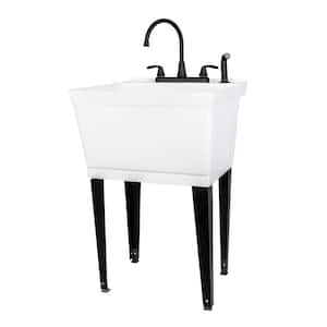 Tehila Luxe 18 Gallon White Utility Sink with High-Arc Stainless Finish Pull-Down Faucet - 9507, Silver