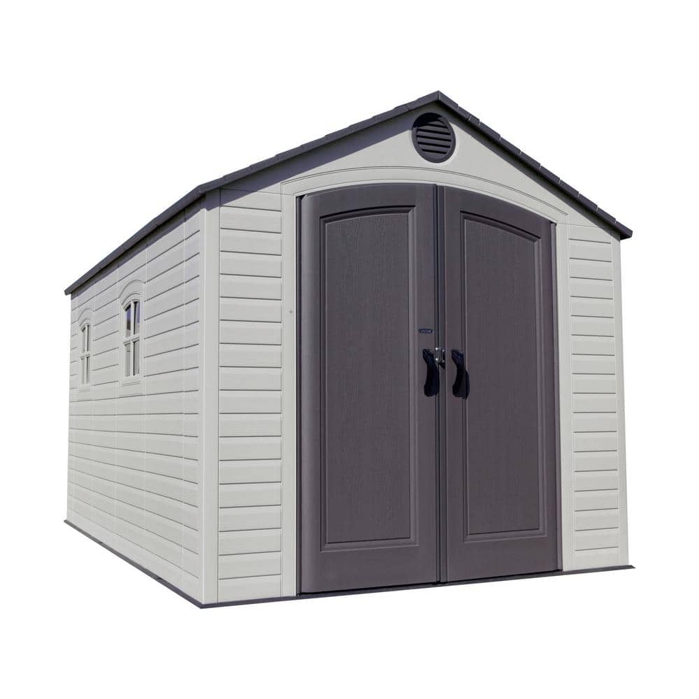 Large Beige and Brown Polyethylene Storage Shed with Windows and Shelving