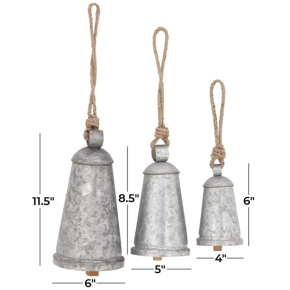 Silver Metal and Jute Hanging Cone Bells, Set of 3