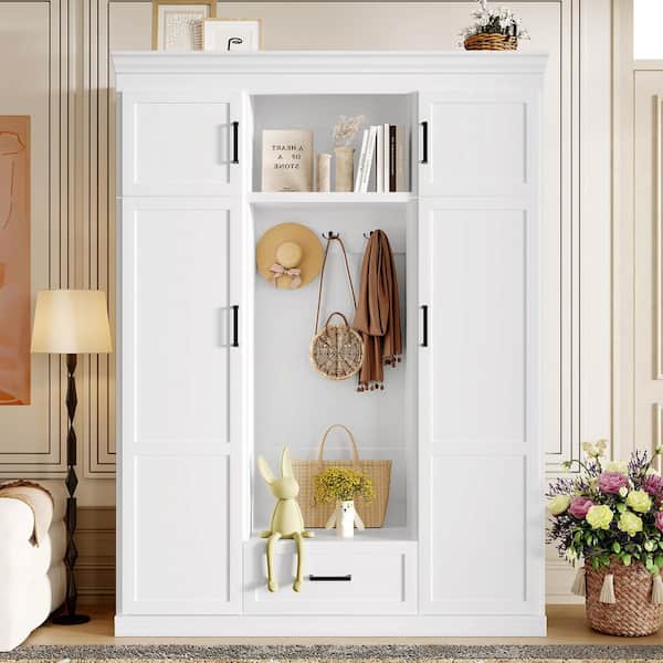 Harper & Bright Designs White 85.2 in. H Modern Entryway 4-Door Hall Tree with 3 Hooks, 25.2 in. W Bench, Adjustable Shelves and Drawer