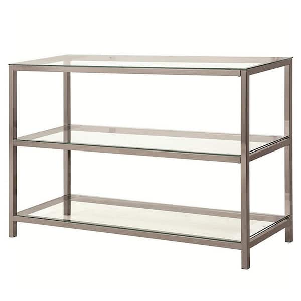 Benjara 15.75 in. Silver and Clear Rectangle Metal Console Table with 2 Open Shelves