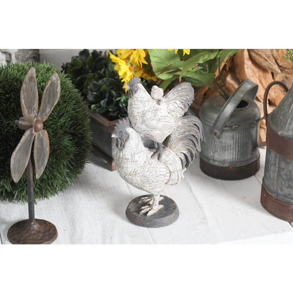 White and Brown Resin Rooster Statue with Chick