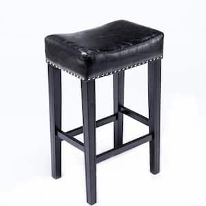 29 in. Black Backless Wood Frame Bar Stools with Faux Leather Seat and Footrest Dining Stools Set Side Chair (Set of 2)