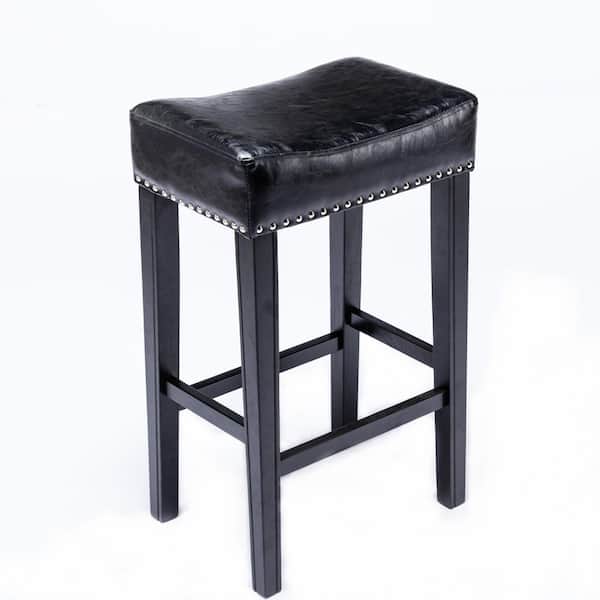 URTR 29 in. Black Backless Wood Frame Bar Stools with Faux Leather Seat and Footrest Dining Stools Set Side Chair (Set of 2)