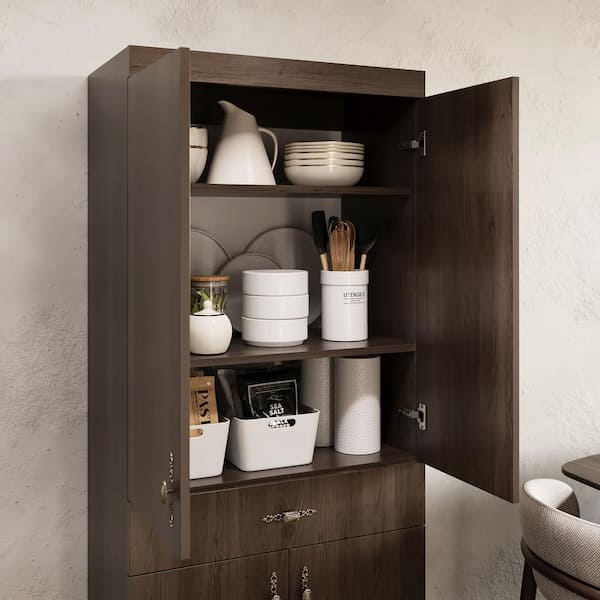 Living Skog Scandi 71 in. Dark Cherry Tall Pantry Kitchen Storage Cabinet Buffet with Hutch for Microwave with Drawers, Brown