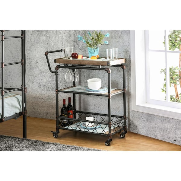 Merimac Sand Black 3-Tier Serving Cart with Stemware Racks
