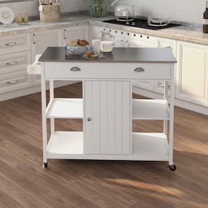 White MDF Wood 31.50 in. Kitchen Island with Double Glass-Paneled Doors and Handle