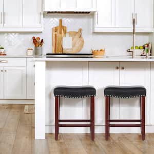 Jameson 24 in. Counter Height Cherry Wood Backless Barstool with Upholstered Navy Blue Linen Saddle Seat (Set of 2)