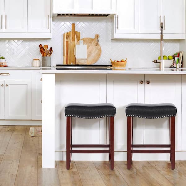 Jameson 24 in. Counter Height Cherry Wood Backless Barstool with Upholstered Black Faux Leather Saddle Seat (Set of 2)