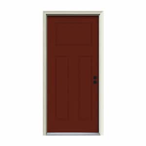 34 in. x 80 in. 3-Panel Craftsman Mesa Red Painted Steel Prehung Left-Hand Inswing Front Door w/Brickmould