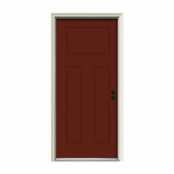 JELD-WEN 34 in. x 80 in. 3-Panel Craftsman Mesa Red Painted Steel Prehung Left-Hand Inswing Front Door w/Brickmould