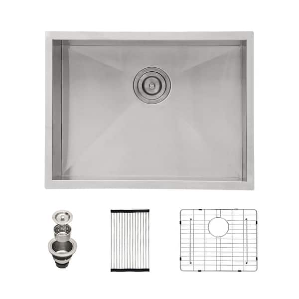 23 in. Undermount Single Bowl 18-Gauge Brushed Nickel Stainless Steel Zero Radius Corner Kitchen Sink with Bottom Grid