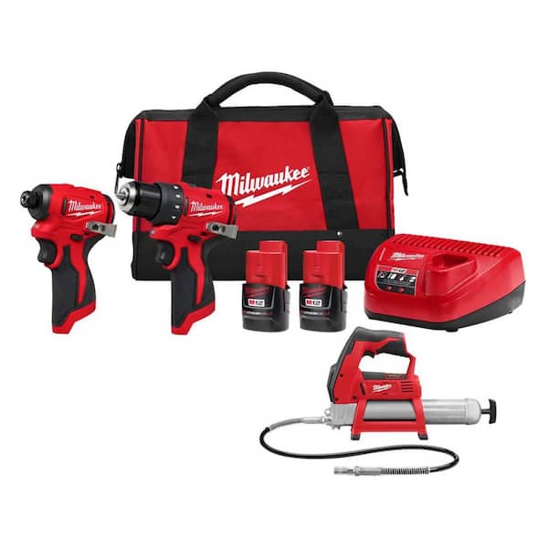 Milwaukee M12 12V Lithium-Ion Cordless FUEL 3/8 in. Impact Wrench and Grease Gun Combo Kit (2-Tool)