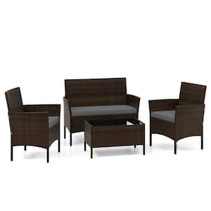 4-Piece Wicker Rattan Patio Conversation Set with Cozy Seat Gray Cushions