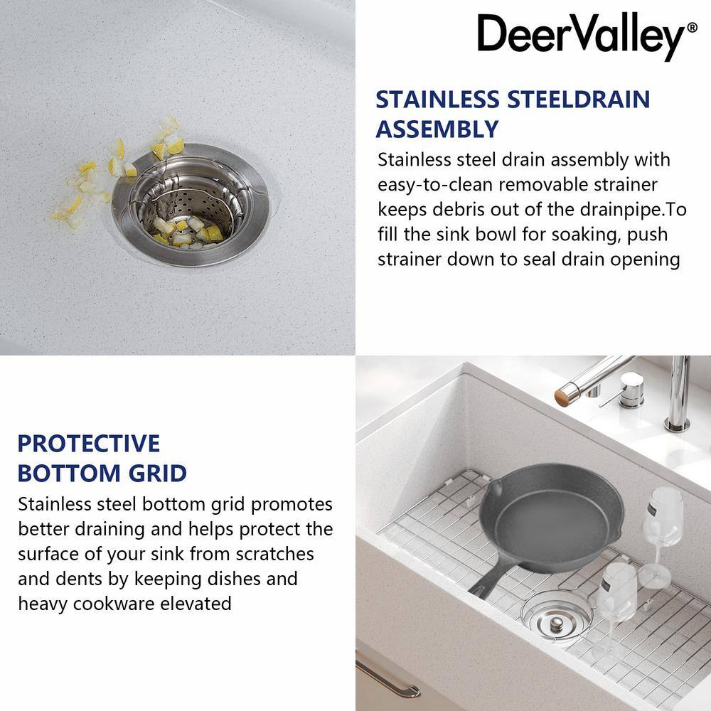 Gritty White Concrete Farmhouse Kitchen Sink with Stainless Steel Grid