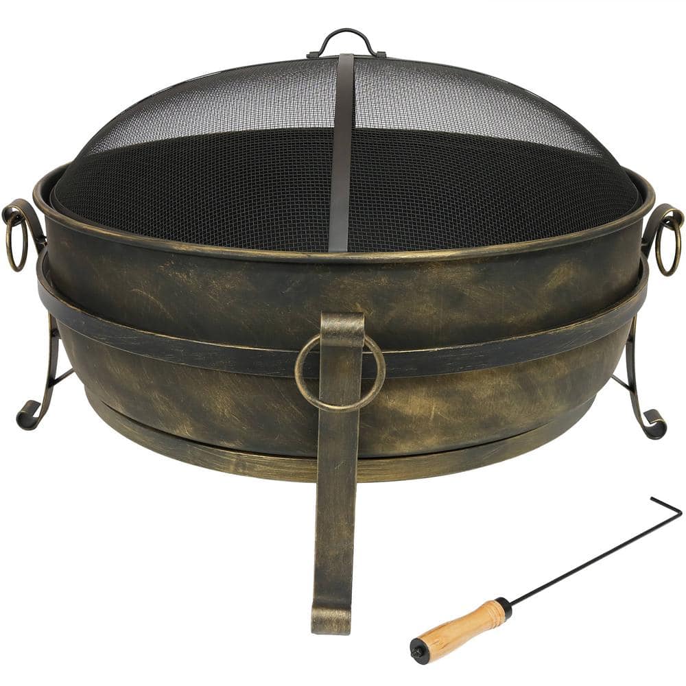 34-Inch Dark Bronze Steel Cauldron Style Fire Pit with Spark Screen