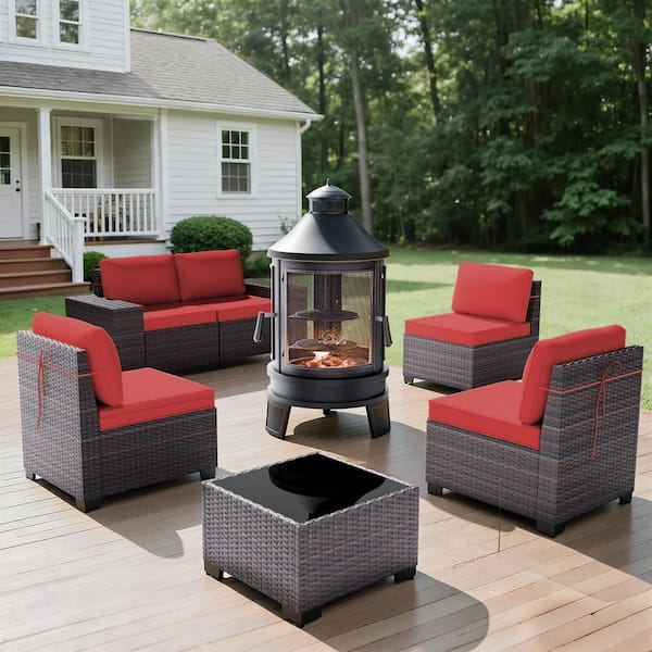 7-Piece Wicker Patio Conversation Set with a Wood Stove, Coffee Table and Red Cushions, Suitable for Outdoor, Lawn