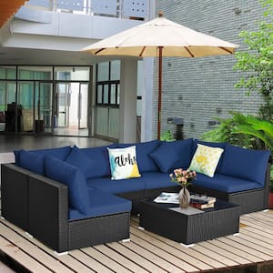 7-Piece Rattan Wicker Sectional Wicker Furniture Sofa Set with Tempered Glass Top-White and Navy