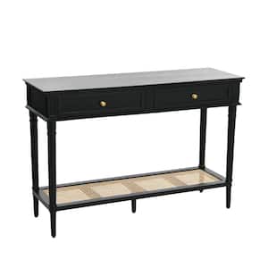 Maxwelton 48 in. Black Acacia Wood Console Table with Drawers and Woven Cane Shelf