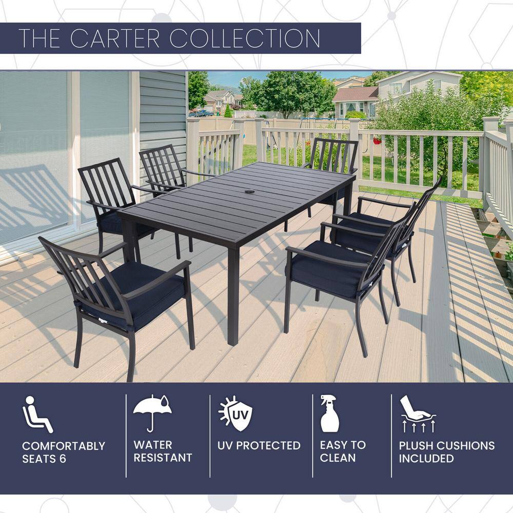 Carter 7-Piece Navy Blue Outdoor Dining Set with Padded Aluminum Chairs