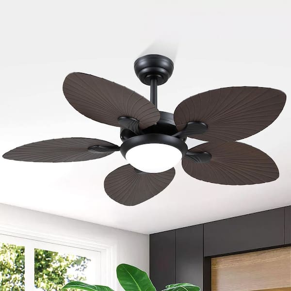 44 in. Indoor/Outdoor Black 5 ABS Tropical Palm Leaf Blades Downrod Ceiling Fan with LED Light and Remote Included