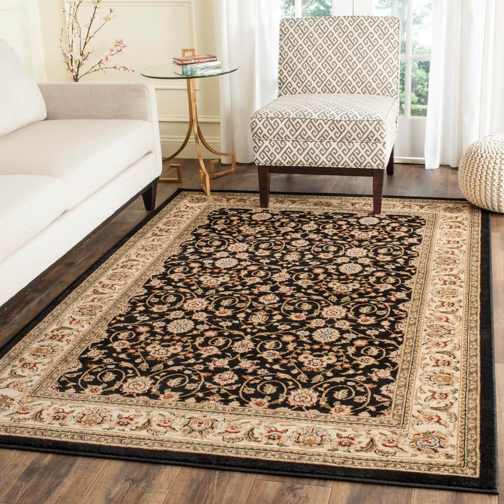 Black Floral Synthetic 4' x 6' Area Rug with Border Embellishment