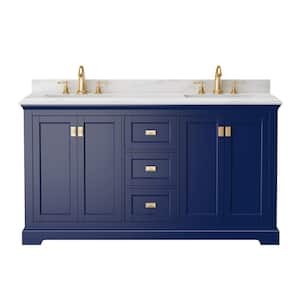 60.6 in. W x 22.4 in. D x 40.7 in. H Double Sink Fully Assembled Freestanding Bath Vanity in Blue with White Marble Top