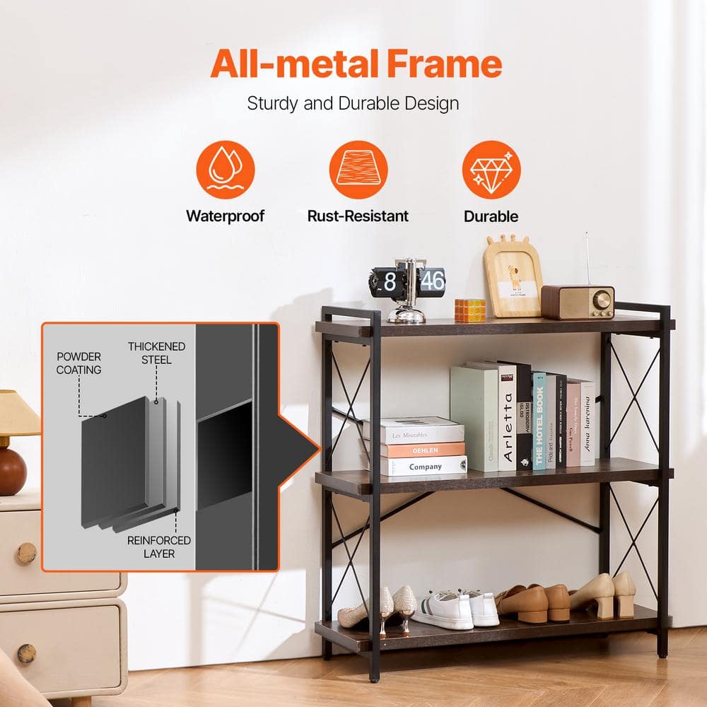 Brown Metal 3-Tier Adjustable Industrial Bookshelf