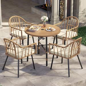 5-Piece Wicker Outdoor Dining Set with Round Table and 4 Rattan Chairs with Beige Cushions
