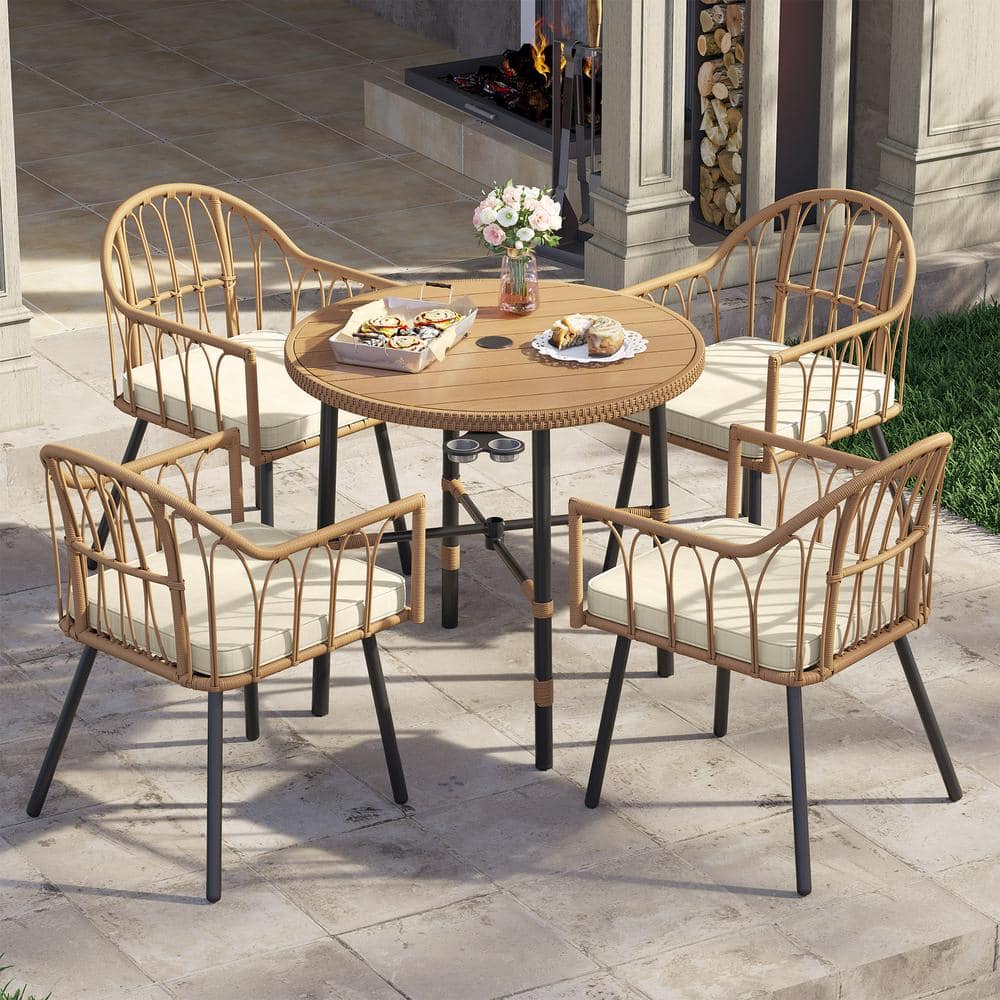 DEXTRUS 5Piece Wicker Outdoor Dining Set with Round Table and 4 Rattan