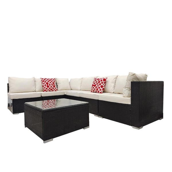 waelph 7-Piece Wicker Rattan Patio Conversation Sectional Seating Set with Beige Cushions