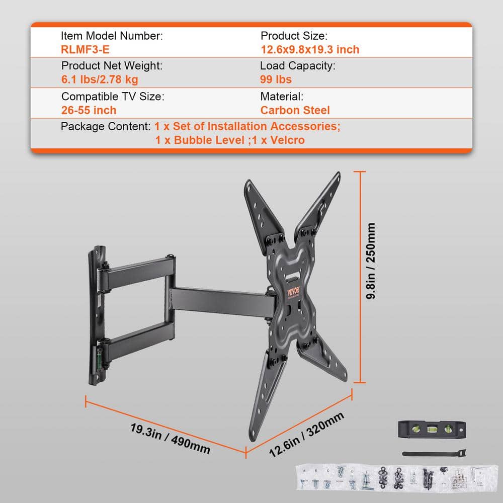 Black Carbon Steel Full Motion Wall TV Mount for 26-55 inch TVs